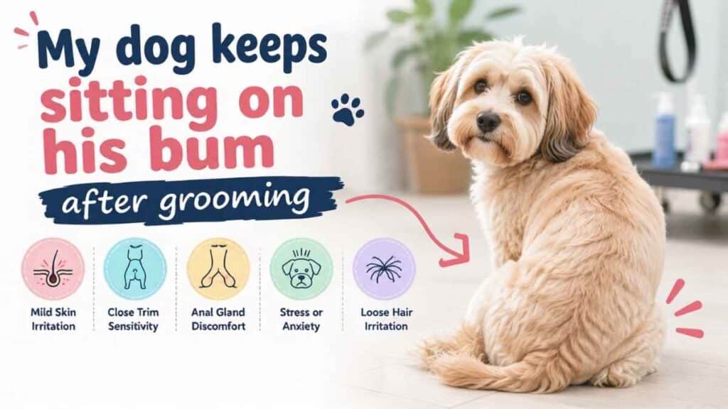 My dog keeps sitting on his bum after grooming